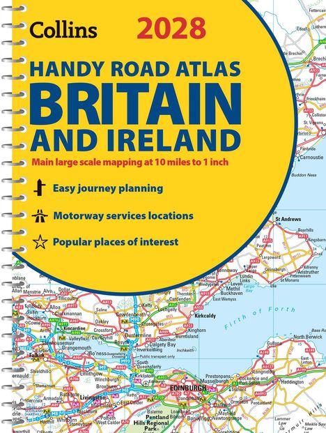 „Collins 2028 Handy Road Atlas Britain and Ireland“ in blau und rot auf gelbem Hintergrund; darunter eine Karte.
