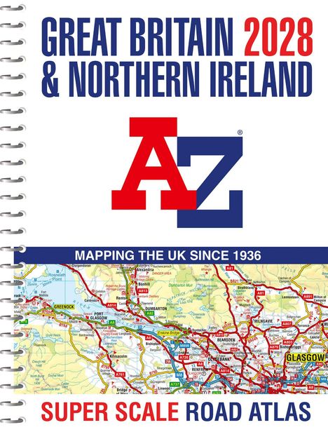 "Great Britain 2028 & Northern Ireland" steht oben, gefolgt von einem stilisierten "A-Z" Logo. Unten eine bunte Straßenkarte.
