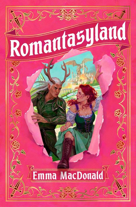Text: „Romantasyland“, „Emma MacDonald“. Illustration: Elf mit Geweih und Frau vor Schloss, Drache am Himmel, rosa Rahmen.