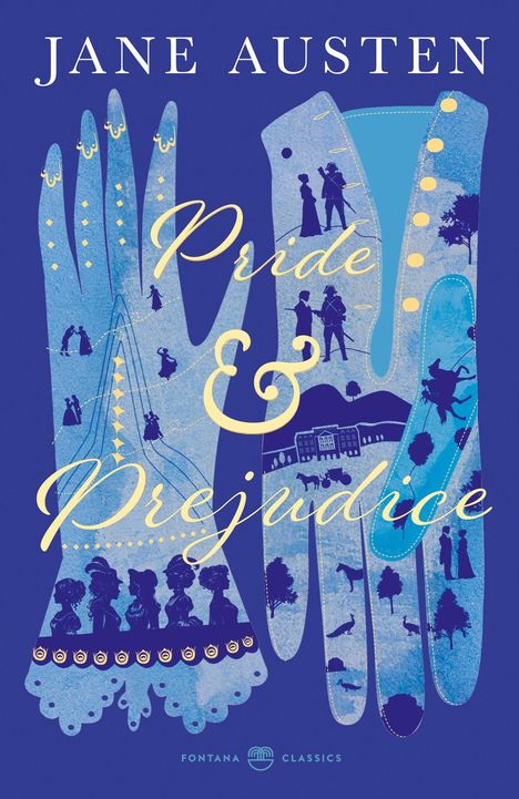 "Jane Austen, Pride & Prejudice." Illustration: blaue Handschuhe mit Silhouetten von Menschen und Gebäuden, gelbe Verzierungen.