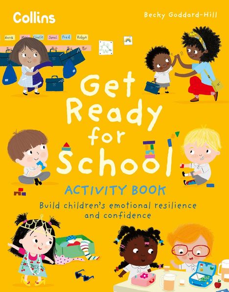 Titel: "Get Ready for School Activity Book". Kinder spielen fröhlich mit Spielzeug.