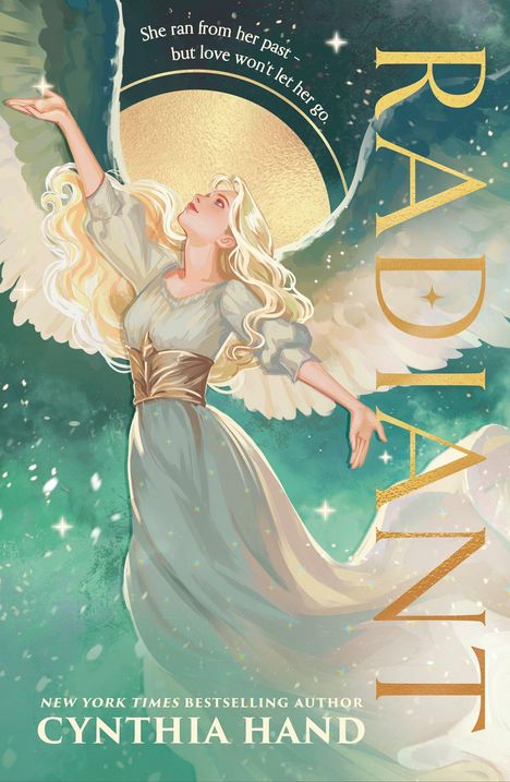 Eine Illustration zeigt eine Frau mit langen, blonden Haaren und Flügeln vor einem goldenen Kreis. Sie sieht himmelwärts.