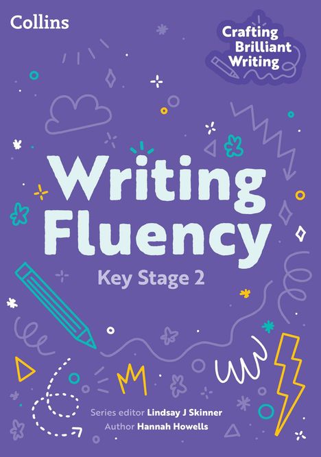 "Writing Fluency", "Key Stage 2", umgeben von bunten Kritzeleien auf lila Hintergrund.