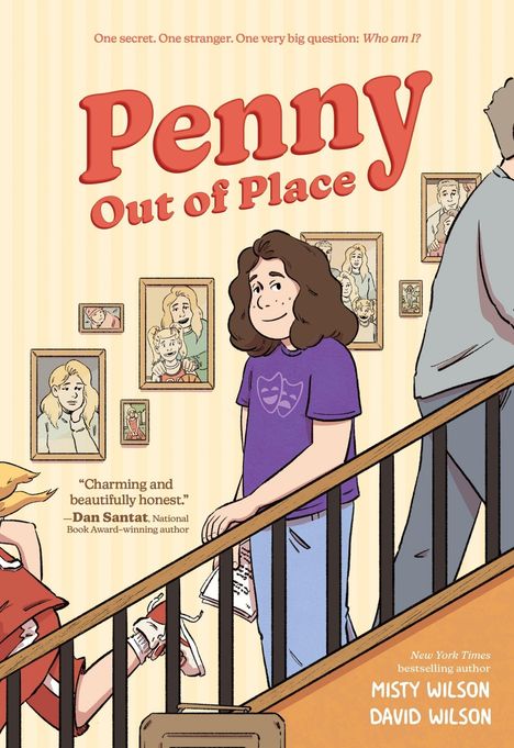 Titel: "Penny Out of Place". Ein Mädchen auf einer Treppe umgeben von Familienporträts.