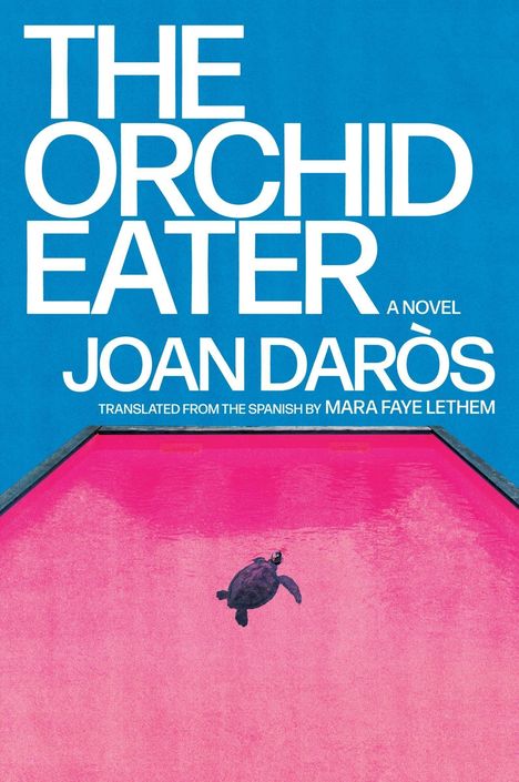 "THE ORCHID EATER" und andere Textangaben stehen über einer Illustration: Eine Schildkröte in einem pinken Wasserbecken.