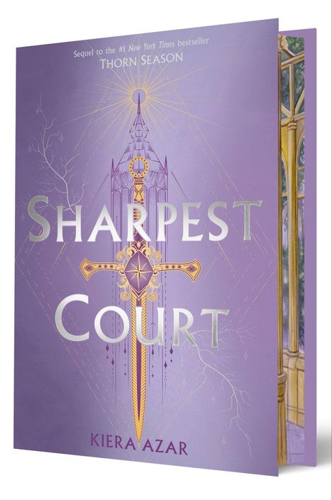 Text: "Sequel to the #1 New York Times bestseller THORN SEASON", "SHARPEST COURT", "KIERA AZAR".  
Ein lilafarbenes Buchcover mit einem dekorativen Schwert.