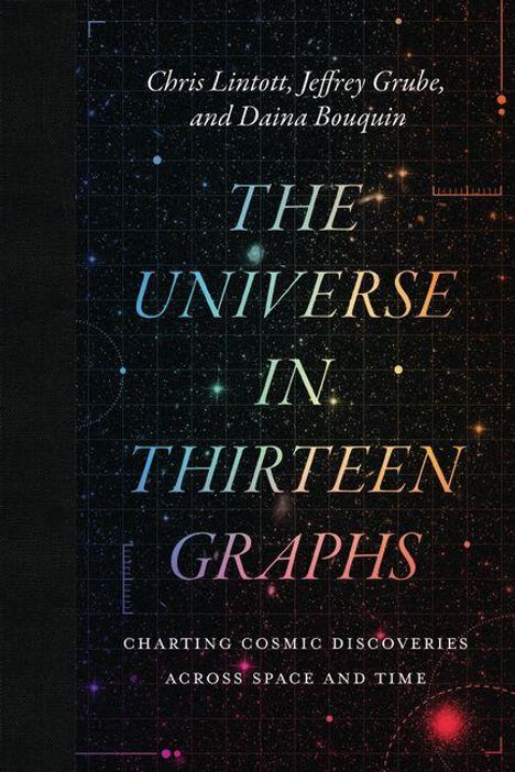 "The Universe in Thirteen Graphs" von Chris Lintott, Jeffrey Grube, Daina Bouquin. Hintergrund: bunte Sterne auf schwarz.