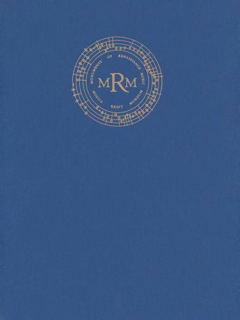 Blauer Hintergrund mit goldenen Notenlinien und Text: "Monuments of Renaissance Music", darin "MRM" zentriert.
