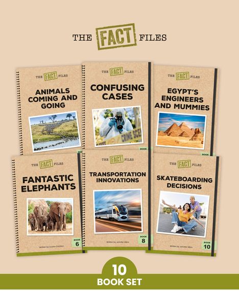 "THE FACT FILES" oben. Buchtitel mit Bildern: Tiere, Kameramann, Pyramiden, Elefanten, Zug, Skateboarder. "10 BOOK SET" unten.
