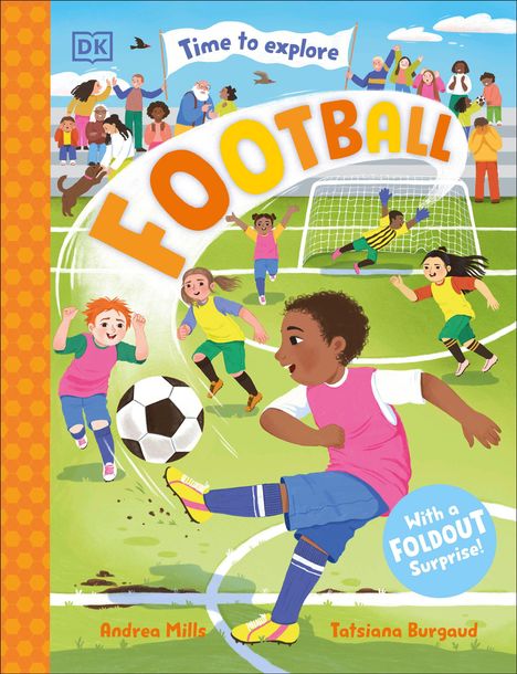 "COVER TO BE REVEALED," "Time to explore FOOTBALL," "Andrea Mills." Links Schwarz-Weiß-Muster, rechts grüner Hintergrund.