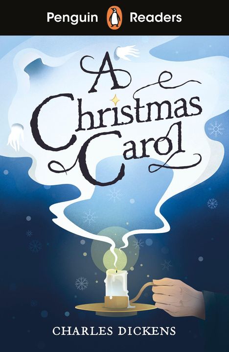 "A Christmas Carol", Charles Dickens. Illustration einer Hand mit Kerze, rauchförmige Schrift, geisterhafte Hände, Schneeflocken.