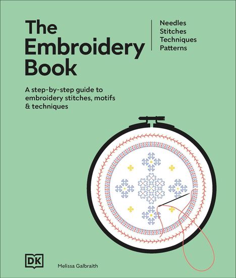 „The Embroidery Book“, Anleitung für Stickmuster. Illustration eines Stickrahmens mit bunten Mustern.