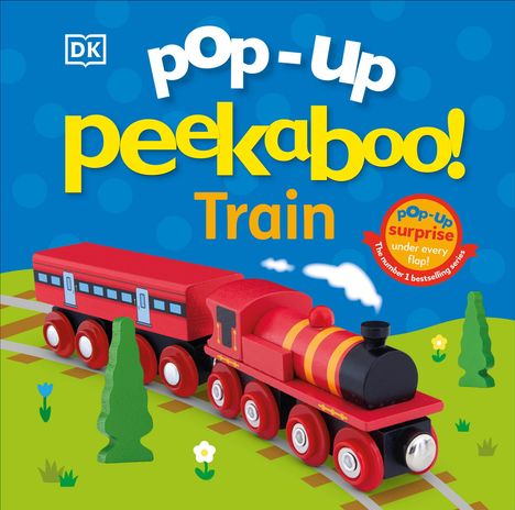 Text: "pop-up peekaboo! Train", "Pop-up surprise under every flap!"

Rote Spielzeuglokomotive auf Schienen, bunte Illustration.