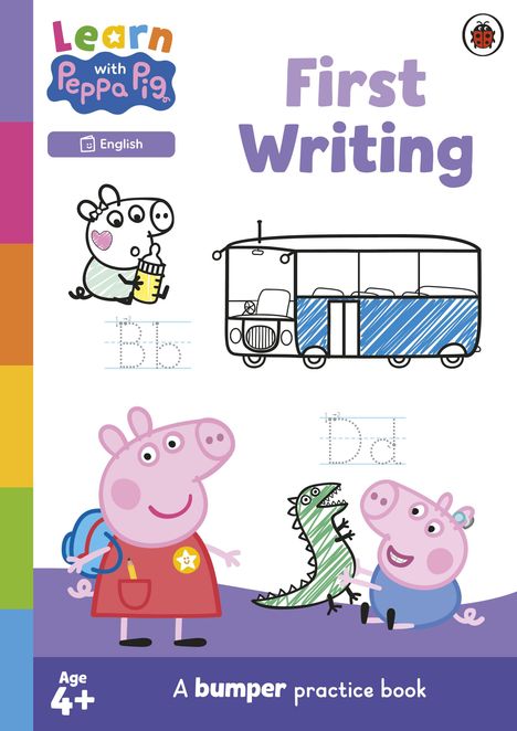 "First Writing", "Learn with Peppa Pig", "English". Zwei Schweinchen, ein Bus und ein Dinosaurier sind zu sehen.