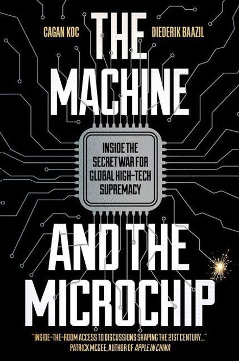 "The Machine and the Microchip" steht groß auf schwarzem Hintergrund mit Leiterplatten-Design. Funkensprühendes Detail.