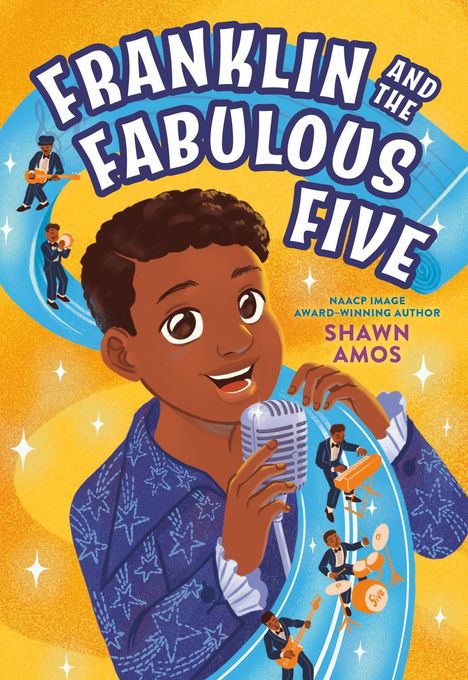 Große Buchstaben: "Franklin and the Fabulous Five". Ein fröhlicher Junge singt ins Mikrofon, umgeben von Musikern.