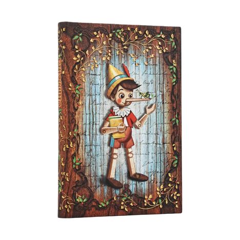 "Pinocchio" steht auf dem Buchrücken. Illustration: Pinocchio mit langem Holzarm und Nasen, hält ein Buch und Grille.