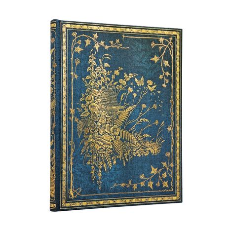 Ein blauer Buchrücken mit goldenen floralen Mustern: Blumen, Blätter und Schmetterlinge in detailliertem Design.