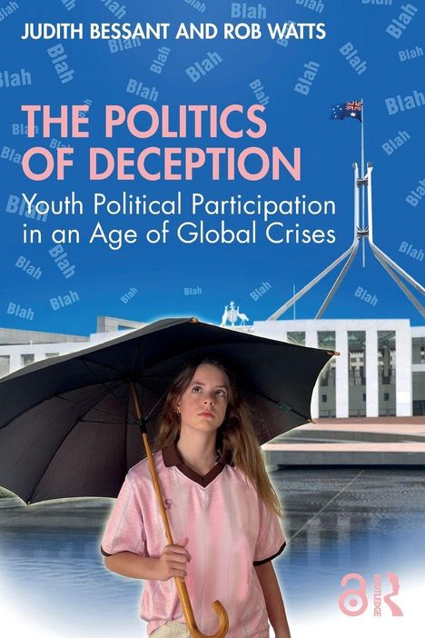 "The Politics of Deception: Youth Political Participation in an Age of Global Crises" steht auf einem Cover. Ein Mädchen, Regenschirm.