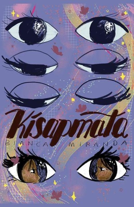 Text: „Kisapmata, Bianca Miranda.“ Illustration: Mehrere stilisierte Augen, teils geschlossen, auf lila Hintergrund.