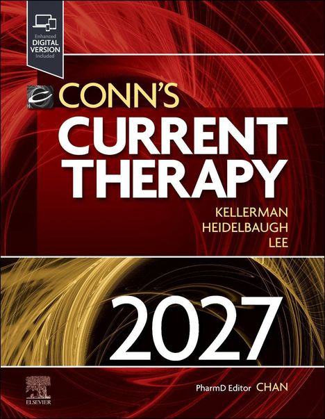 Text: "Enhanced Digital Version Included", "CONN'S CURRENT THERAPY 2027", "KELLERMAN HEIDELBAUGH LEE", "ELSEVIER". Rote und goldene abstrakte Muster.
