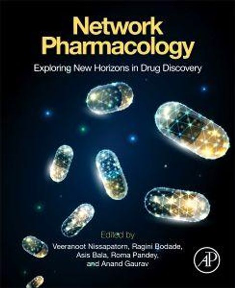"Network Pharmacology: Exploring New Horizons in Drug Discovery" steht über schwebenden, funkelnden Pillen auf dunklem Hintergrund.