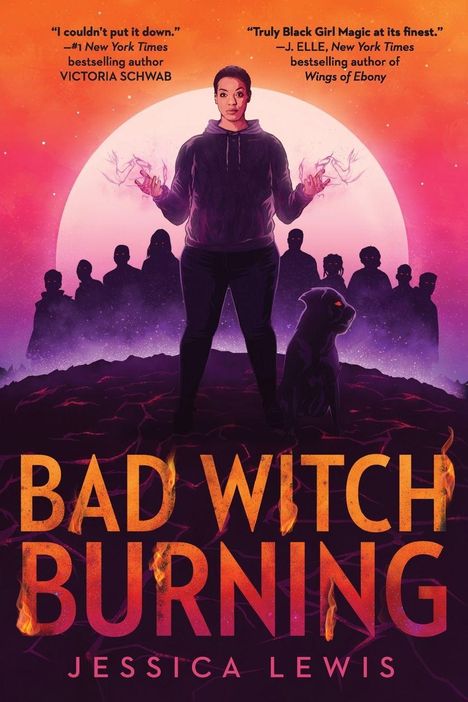 "BAD WITCH BURNING" von Jessica Lewis. Frau mit leuchtenden Händen vor rotem Hintergrund und Silhouetten im Hintergrund.