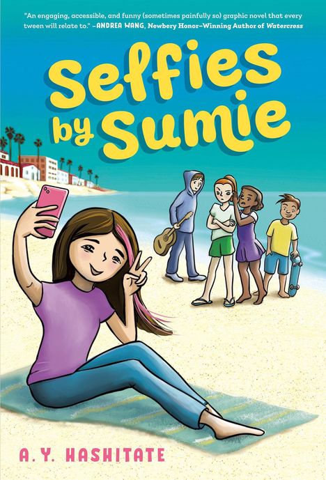 "Selfies by Sumie" und "A.Y. Hashitate". Illustration: Mädchen am Strand, macht ein Selfie. Weitere Personen im Hintergrund.