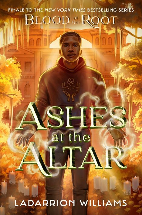 "ASHES at the ALTAR", Person in Kluft vor herbstlicher Kulisse, von Kerzen umgeben, Händen strömende weiße Spiralen.
