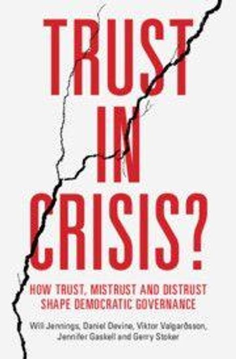 "TRUST IN CRISIS?" in Rot, Titel eines Buches, gespalten durch einen Riss. Autoren: Will Jennings u.a.