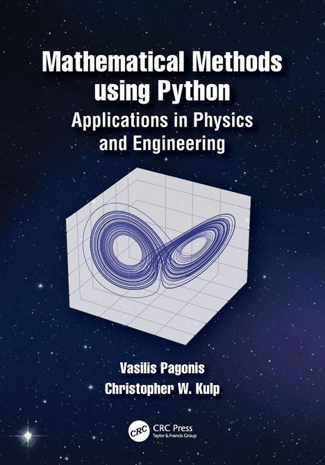 "Mathematical Methods using Python" Titel in Weiß vor einem Nachthimmel. 3D-Darstellung eines Lorenz-Attraktors.