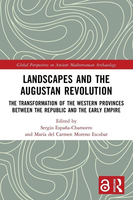 Text: "LANDSCAPES AND THE AUGUSTAN REVOLUTION" auf abstraktem Linienmuster, darunter Herausgebernamen, roter Balken oben.