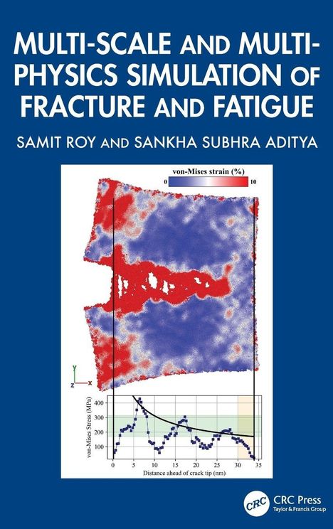 Titel: "Multi-Scale and Multi-Physics Simulation of Fracture and Fatigue". Autoren: Samit Roy, Sankha Subhra Aditya. Diagramm und Grafik zeigen Verformungen und Spannungen in Farben und Linien.