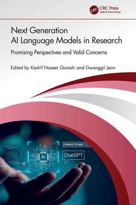 Text: "Next Generation AI Language Models in Research: Promising Perspectives and Valid Concerns." Illustriertes Cover mit Hand.