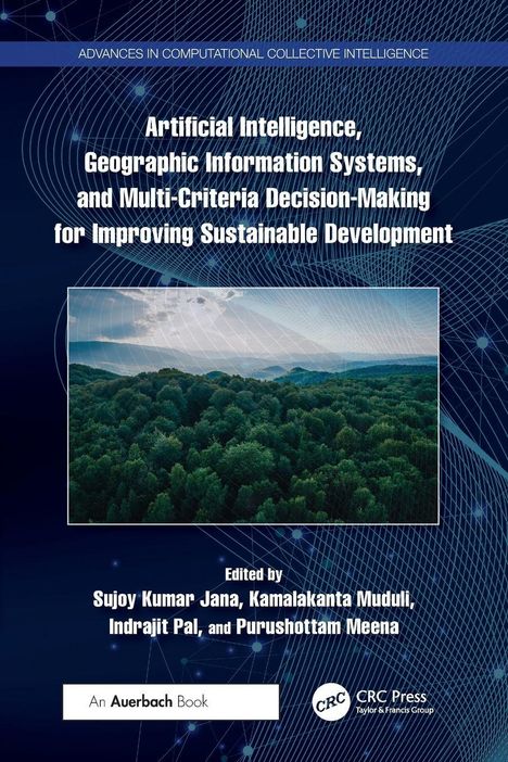 Titel: Artificial Intelligence und GIS für nachhaltige Entwicklung. Hintergrund: Wald mit Bergen, Netzstruktur.