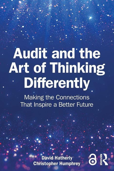 "Audit and the Art of Thinking Differently. Making the Connections that Inspire a Better Future." Blaue, funkelnde Hintergrundgestaltung.