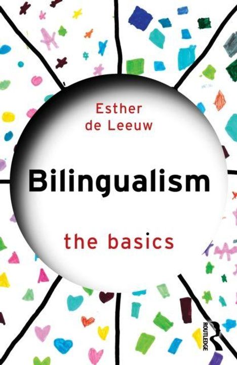 Text: "Esther de Leeuw, Bilingualism, the basics." Hintergrund: Bunte gemusterte Illustration mit einem Kreis in der Mitte.