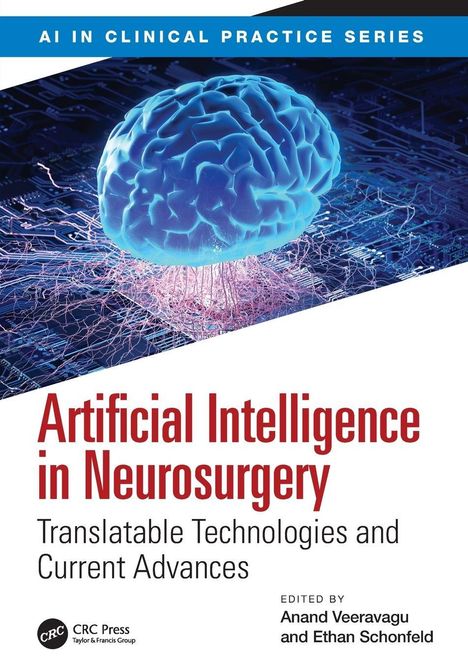 Cover der Buchreihe "AI in Clinical Practice Series", Titel: "Artificial Intelligence in Neurosurgery", mit einem leuchtenden Gehirn.