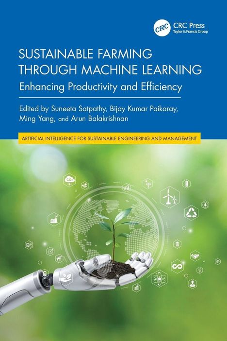 Titel: "Sustainable Farming Through Machine Learning"; Illustration: Roboterhand hält Pflanze.