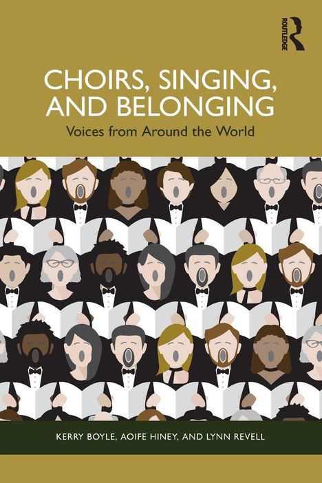 "CHOIRS, SINGING, AND BELONGING. Voices from Around the World." Menschen singen aus Notenblättern, Illustration.