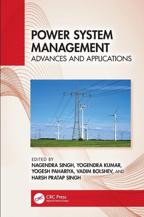 „Power System Management: Advances and Applications“; untere Hälfte zeigt Windräder und Strommasten in einer Landschaft.