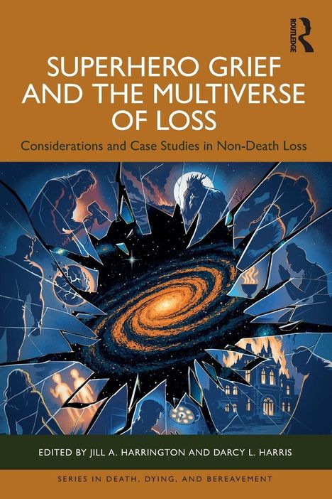 Text: "Superhero Grief and the Multiverse of Loss. Considerations and Case Studies in Non-Death Loss." Illustration: Heldenfiguren im All.