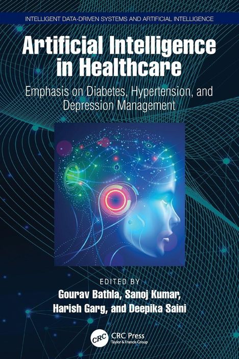 "Artificial Intelligence in Healthcare" und weitere Texte zu KI bei Diabetes, Hypertonie und Depression. Illustration eines Kopfprofils mit Netzwerken.