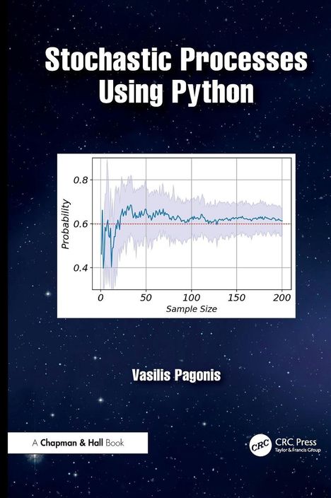 „Stochastic Processes Using Python“, Diagramm mit Linie: Wahrscheinlichkeit gegen Stichprobengröße, Name: Vasilis Pagonis.