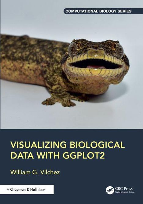 "Visualizing Biological Data with ggplot2" von William G. Vilchez. Ein lächelnder Gecko ist im Hintergrund zu sehen.