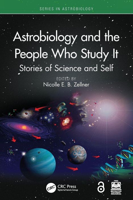Buchcover: Titel "Astrobiology and the People Who Study It". Bunte Weltraum-Illustration mit Planeten und Galaxien.