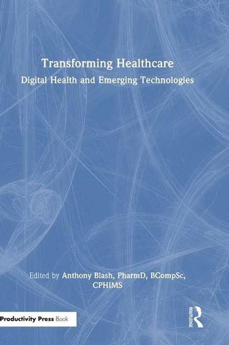 "Transforming Healthcare: Digital Health and Emerging Technologies" von Anthony Blash. Leuchtendes Kreuz und Datenströme.