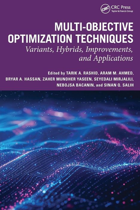 Covertext: "Multi-Objective Optimization Techniques". 3D-grafische Darstellung mit violetten und blauen Lichtpunkten.