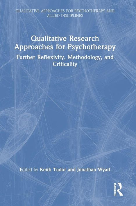 „Qualitative Research Approaches for Psychotherapy“ in Weiß auf hellblauem Hintergrund, illustriert mit stilisierten Linien.