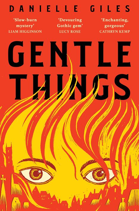 „A daring and devouring Gothic gem.“ Große Augen inmitten von Flammen und gotischen Gebäuden.